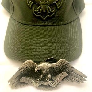 BSA hat Size M/L and Boy Scout 2000 belt buckle solid pewter